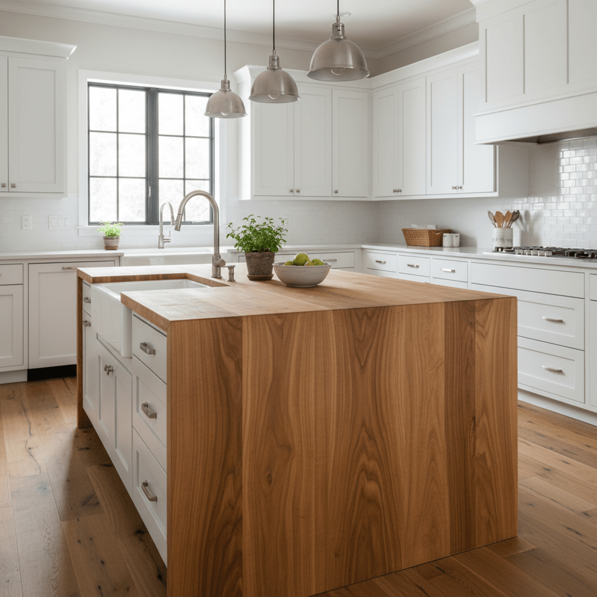 Spacious modern farmhouse kitchen with honey-toned acacia butcher block island.