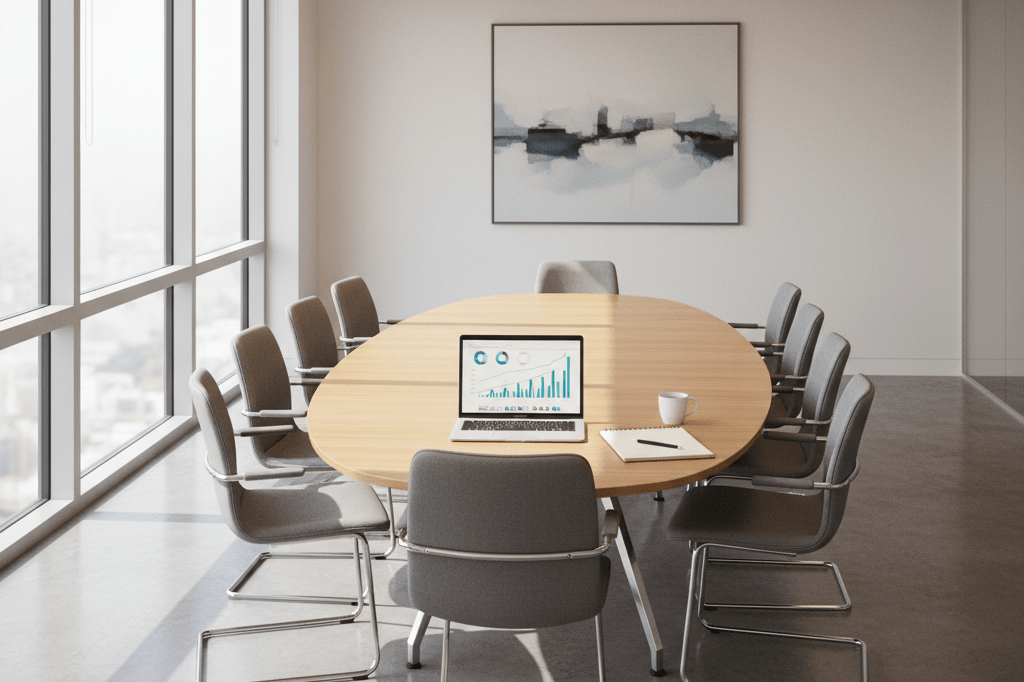 Empty modern office meeting room with analytics graphs and handwritten notes under natural light, symbolizing business continuity