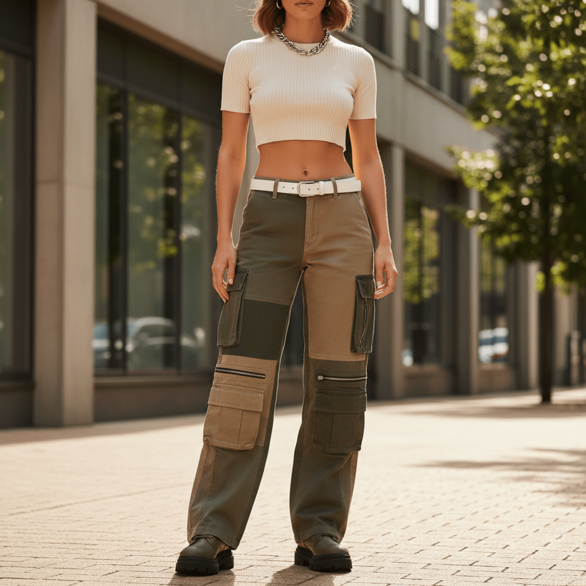 Model in khaki cargo pants and cropped top on urban street, 90s fashion.