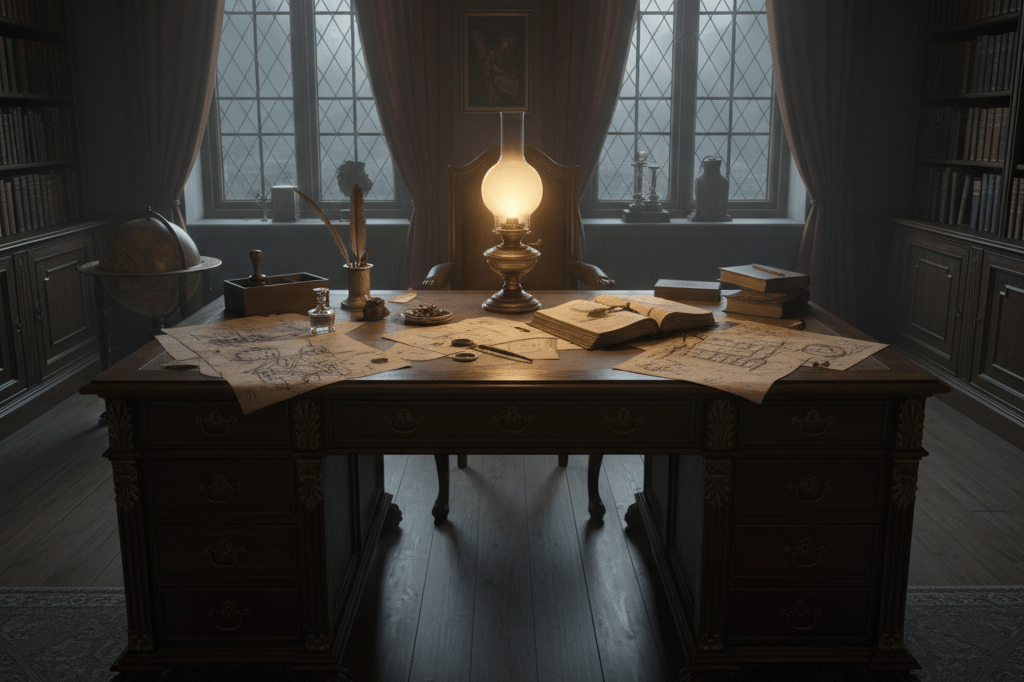 Ornate antique desk with oil lamp and scattered notes under warm ambient light symbolizing historical sophistication