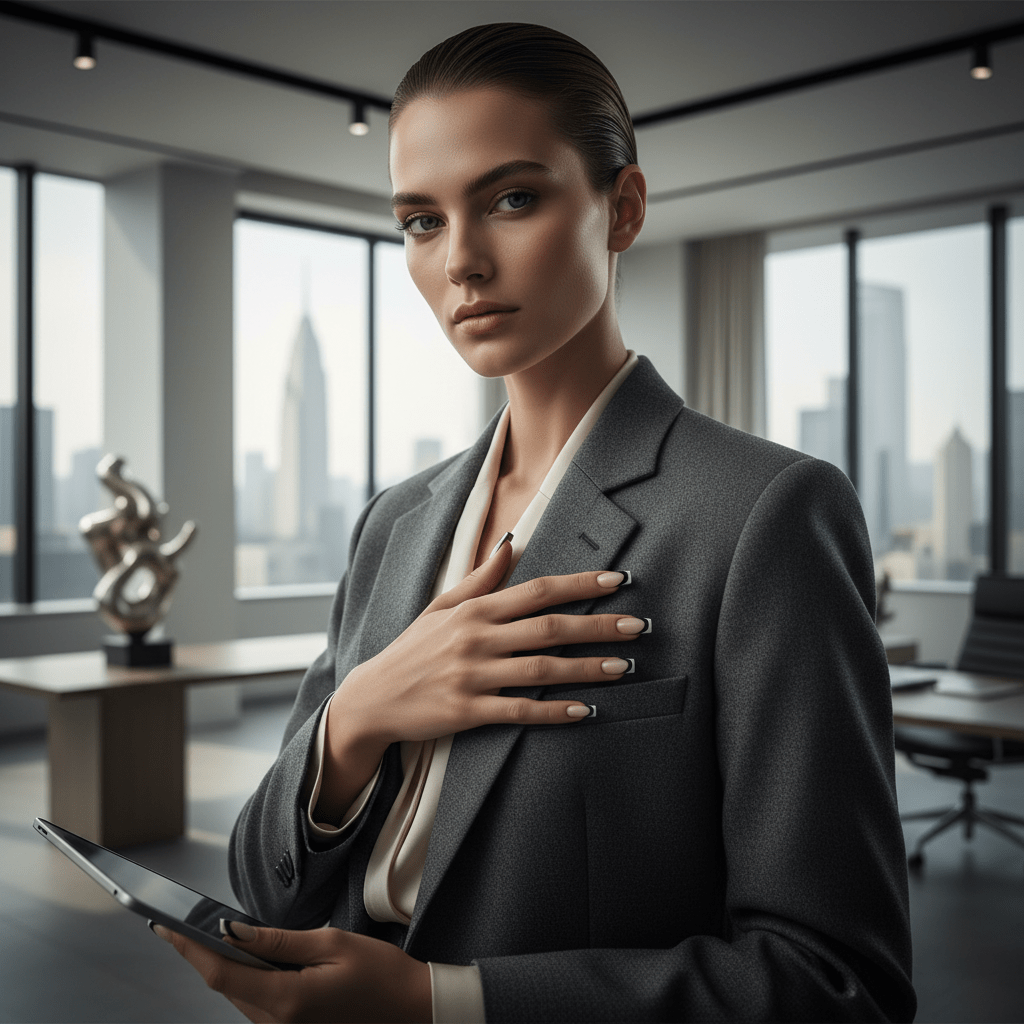 Fashion model with micro-French tip nails rests hand on tailored blazer lapel.