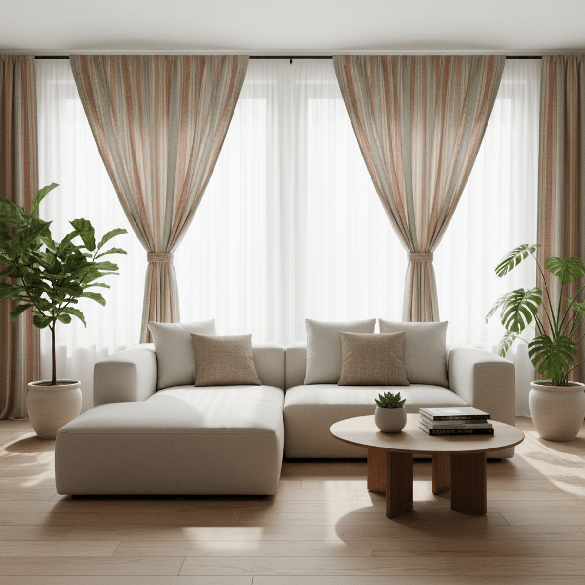 Serene living room with organic linen curtains and natural light. Modern organic linen curtains with earth-tone stripes in gentle sunlight.