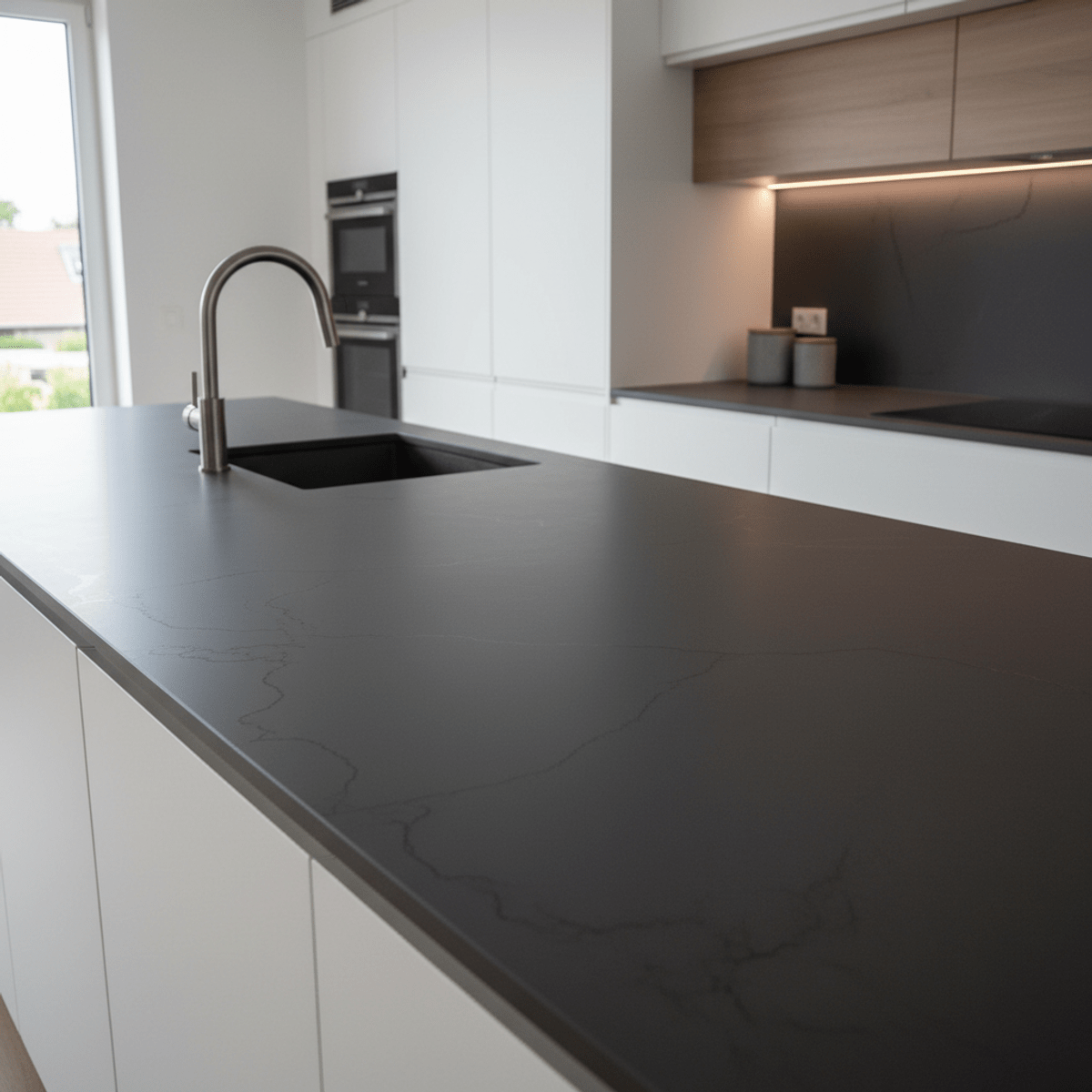 Matte charcoal grey epoxy countertop with subtle texture and integrated lighting.