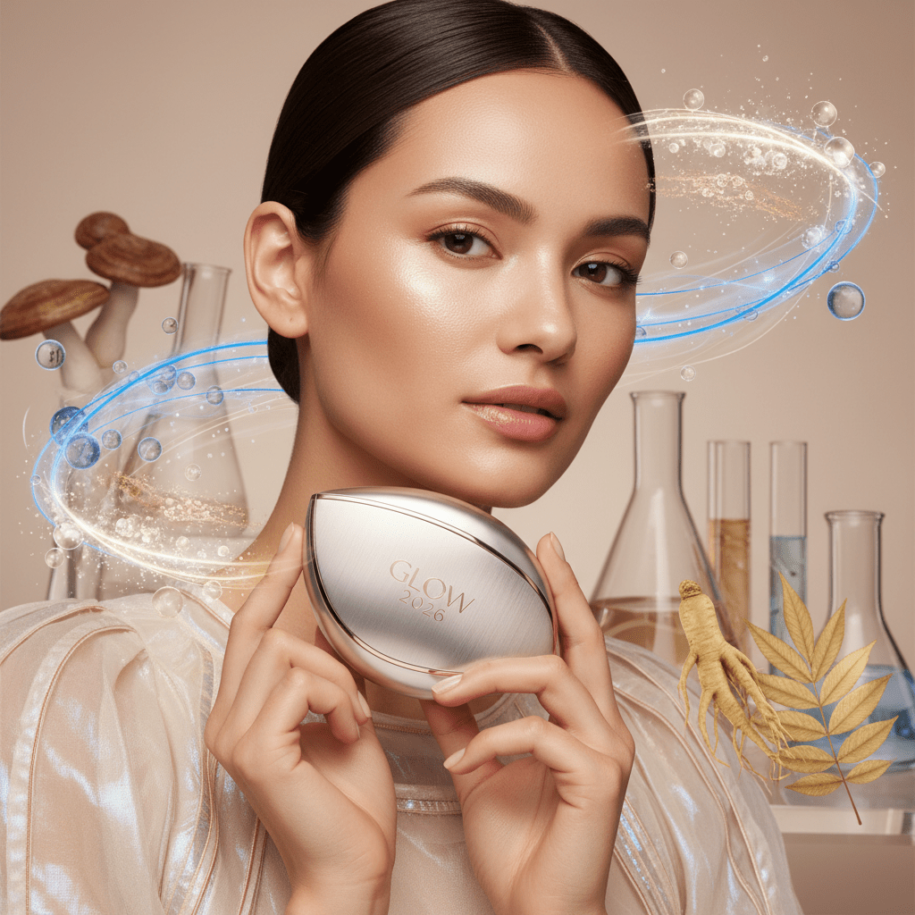 Model with glowing skin holds metallic compact powder amid hyaluronic acid and niacinamide.