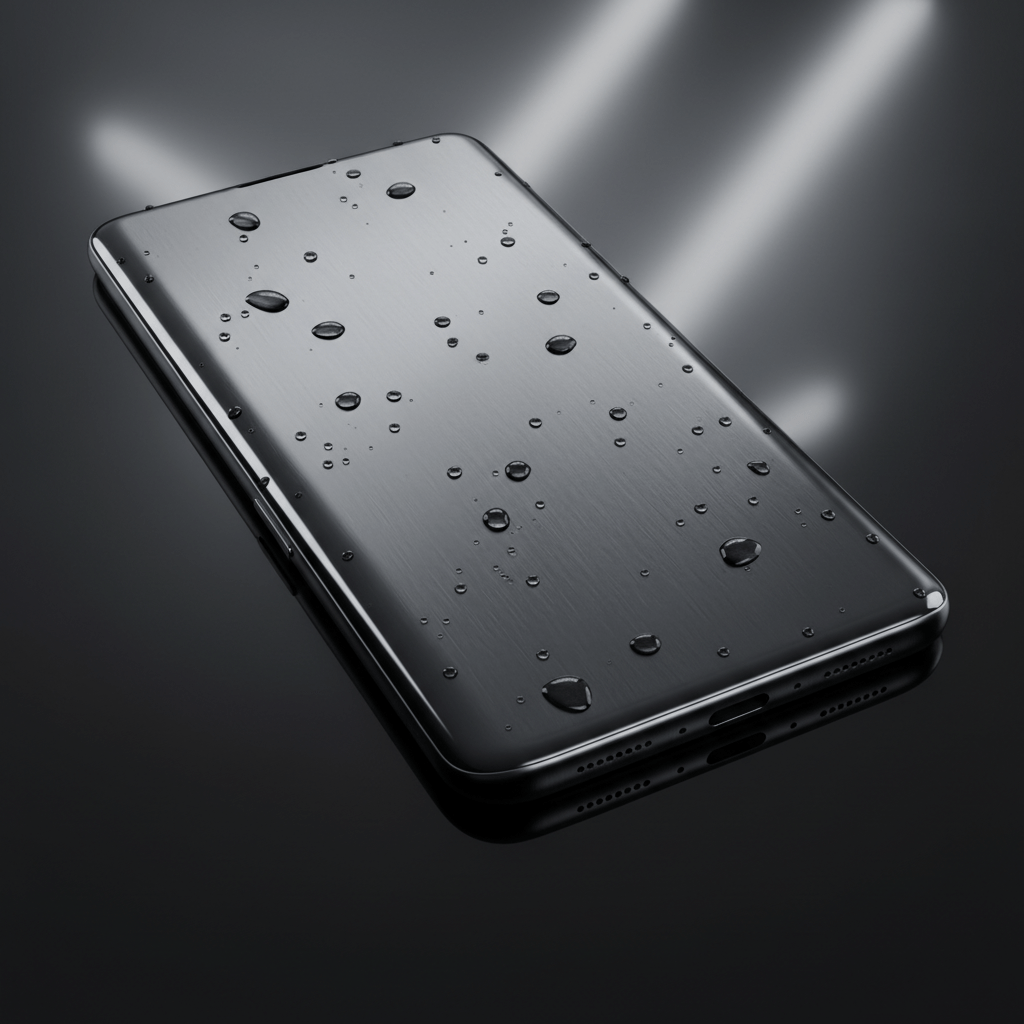 Ultra-modern phone with seamless design and water droplets on a reflective surface.