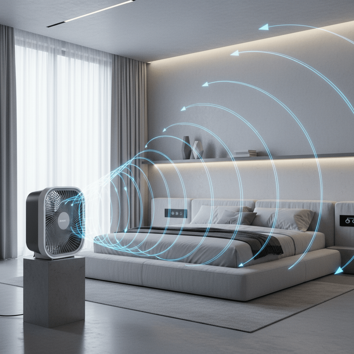 Modern bedroom with vortex air currents infographic Infographic shows vortex air currents swirling evenly in a minimalist bedroom.
