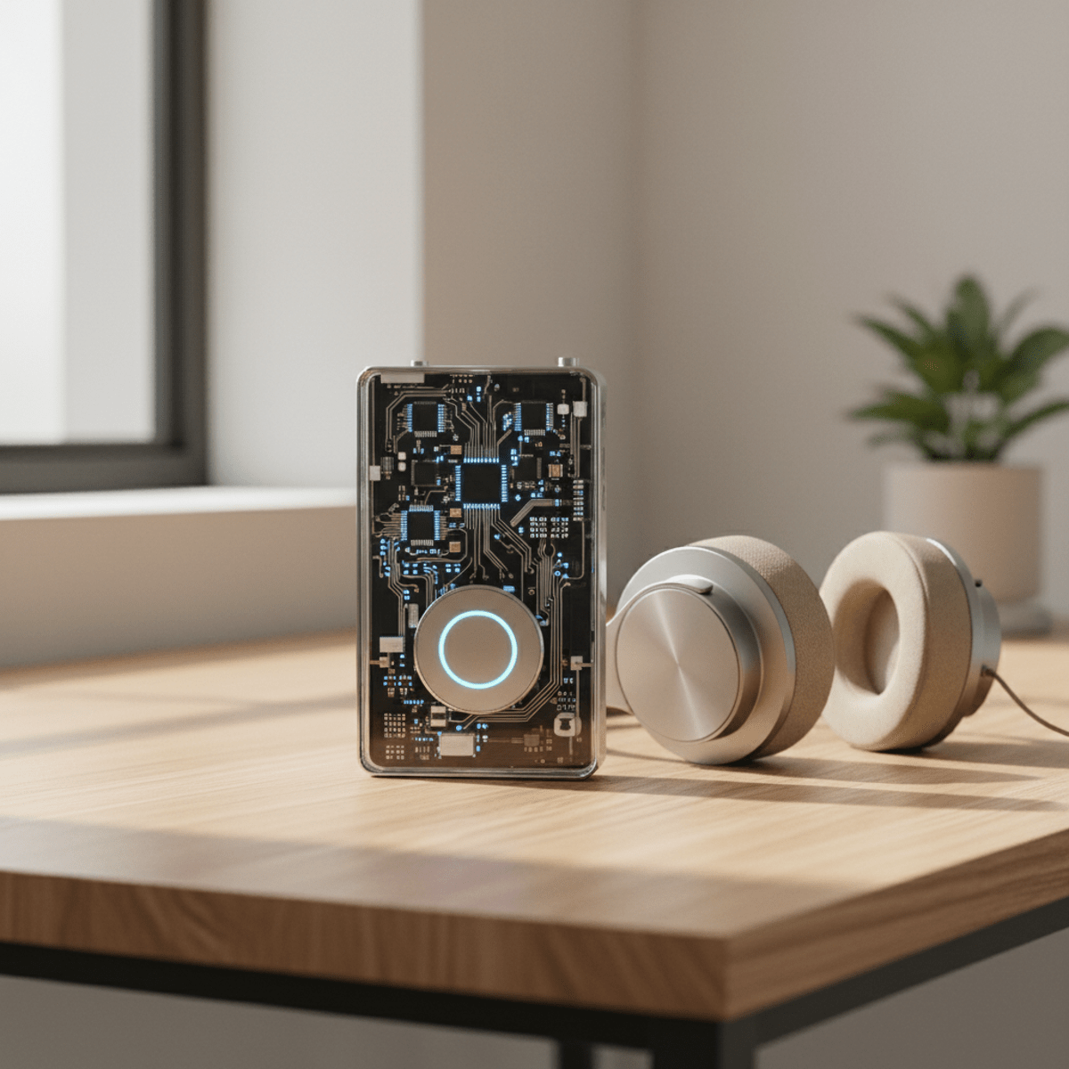 Transparent MP3 player with microchips on a wooden desk with modern headphones.