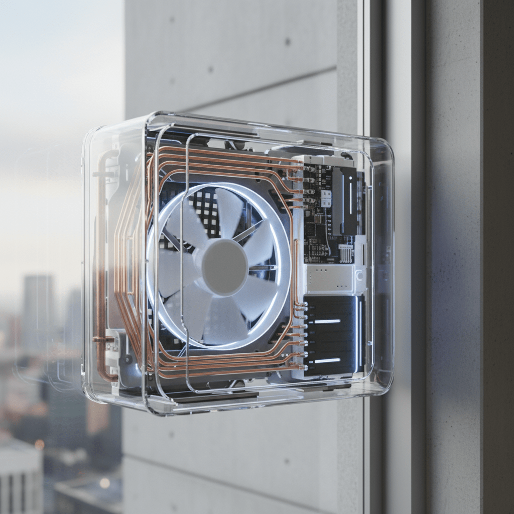 Futuristic window air conditioner with transparent casing showing copper coils and LED lights.
