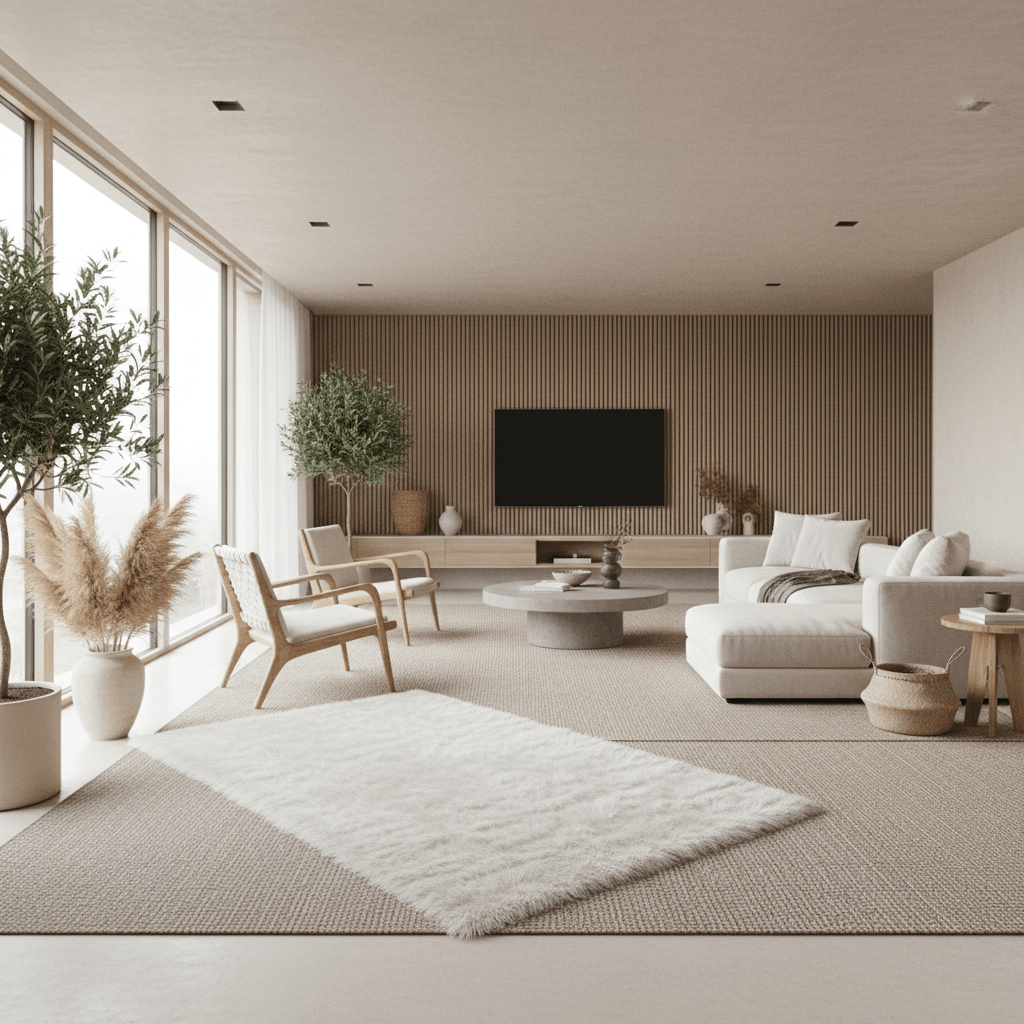 Spacious open-plan living room with layered textured carpets defining zones.