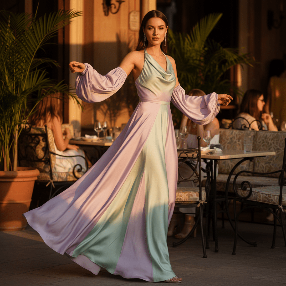Elegant pastel silk dress transitions from full sleeves to sleeveless at a sunny cafe.