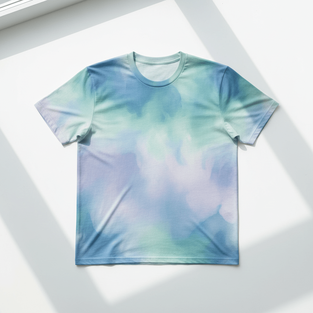 Wellness t-shirt pattern with fluid gradients and organic watercolor bleeds on cotton.