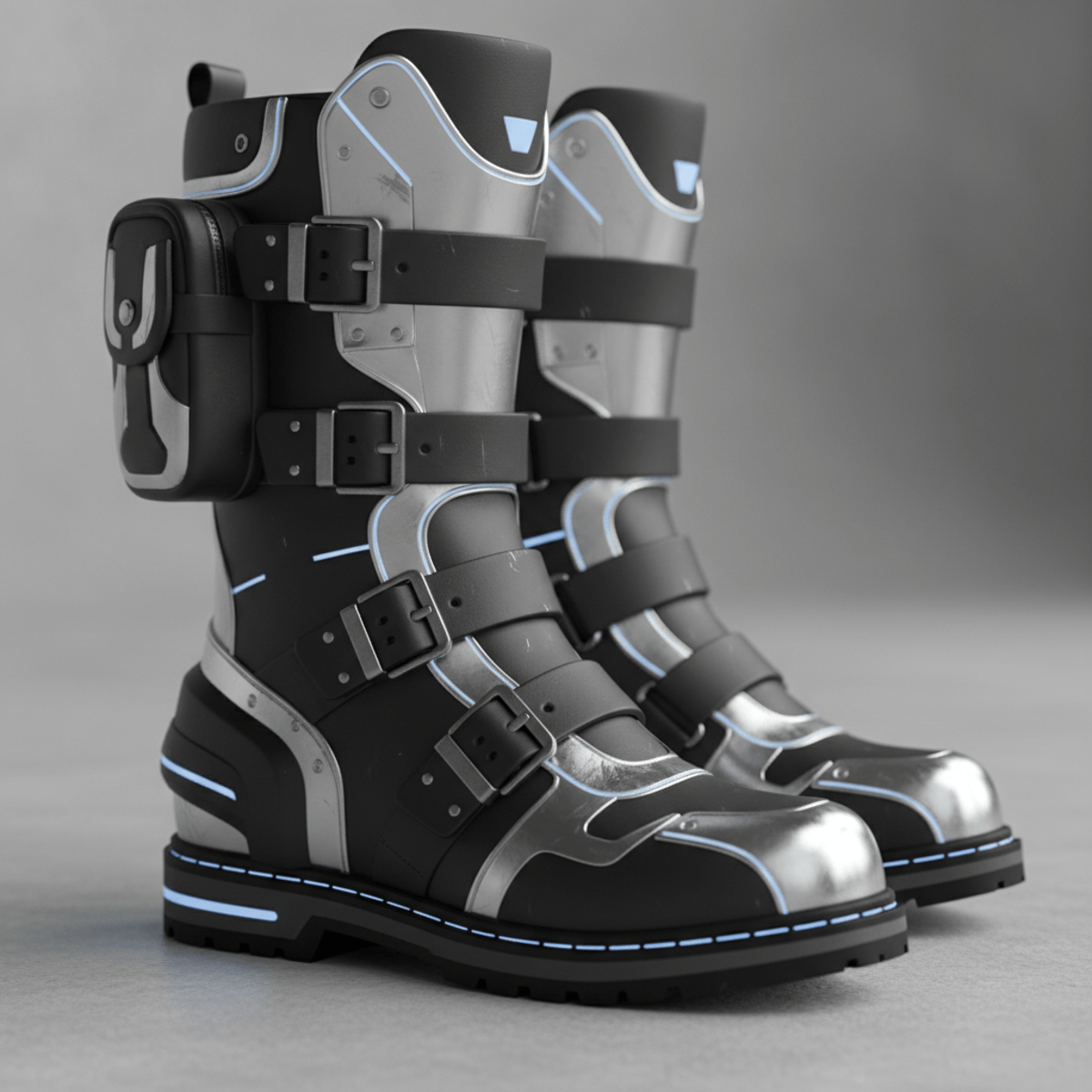 Close-up of futuristic armored boots with metallic chrome and matte black finishes.