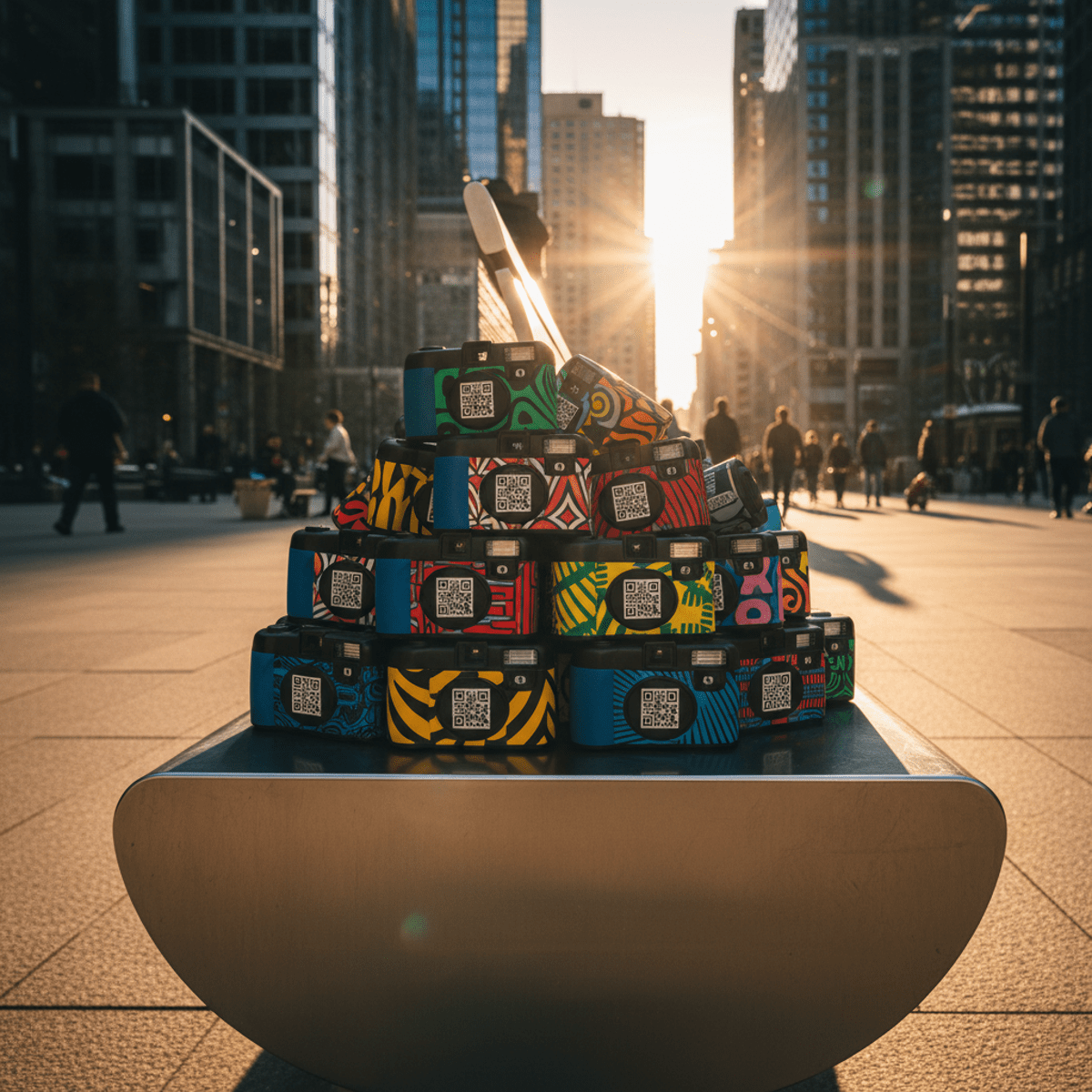 Disposable cameras with QR codes on a plaza bench during golden hour.
