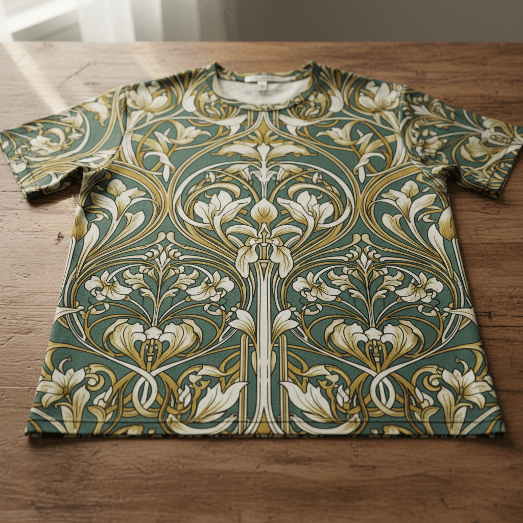 Luxury t-shirt with neo-Art Nouveau pattern on wooden table, muted emerald and gold colors.