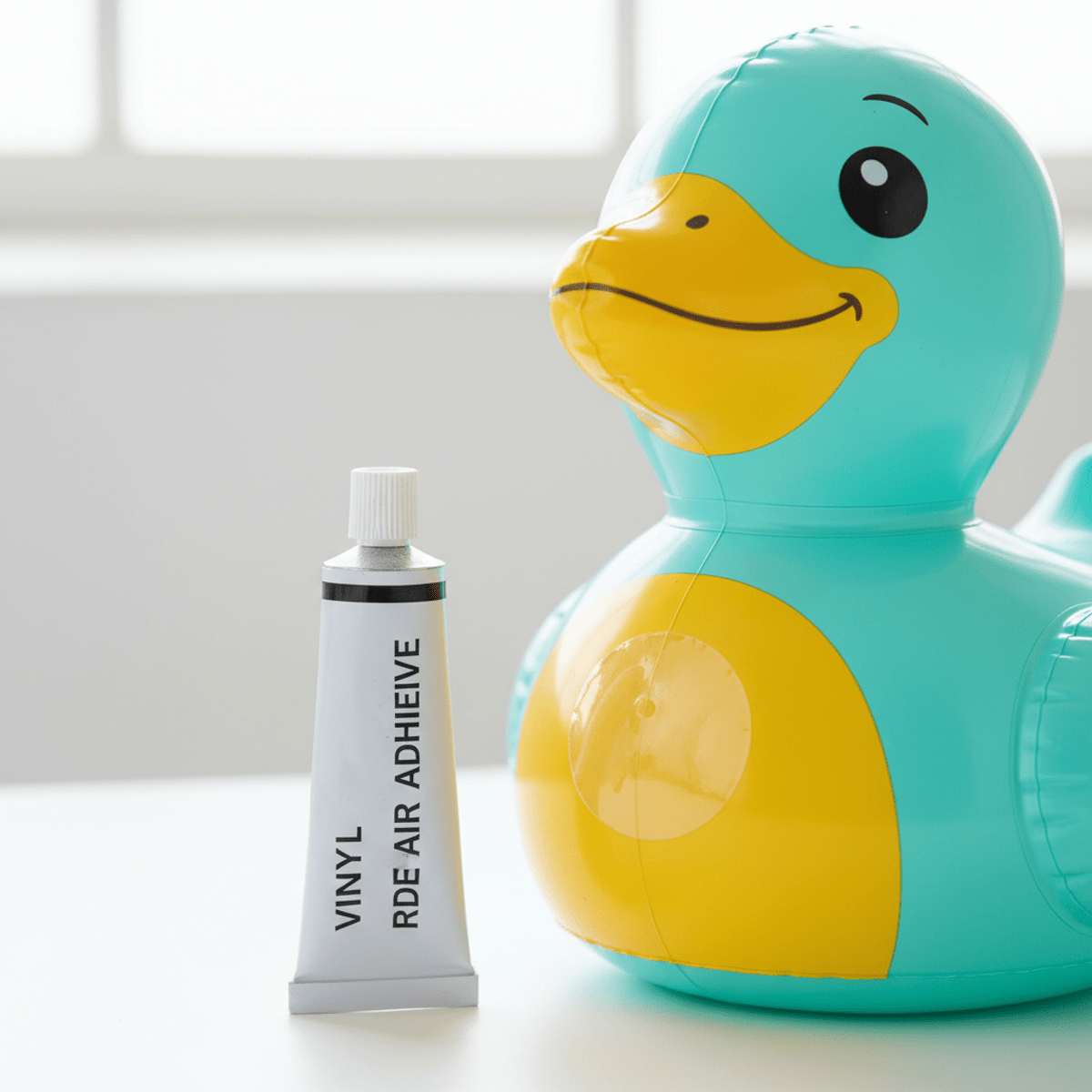 Seamless vinyl repair on an inflatable toy using rubber cement, showing precise bonding.