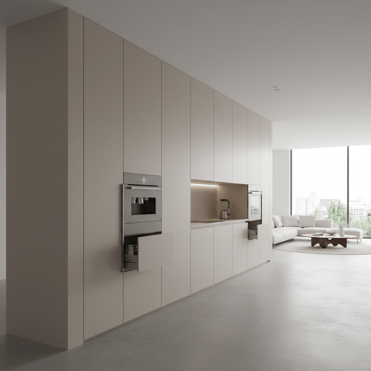 Futuristic concealed kitchen with matte beige cabinetry and hidden appliances.