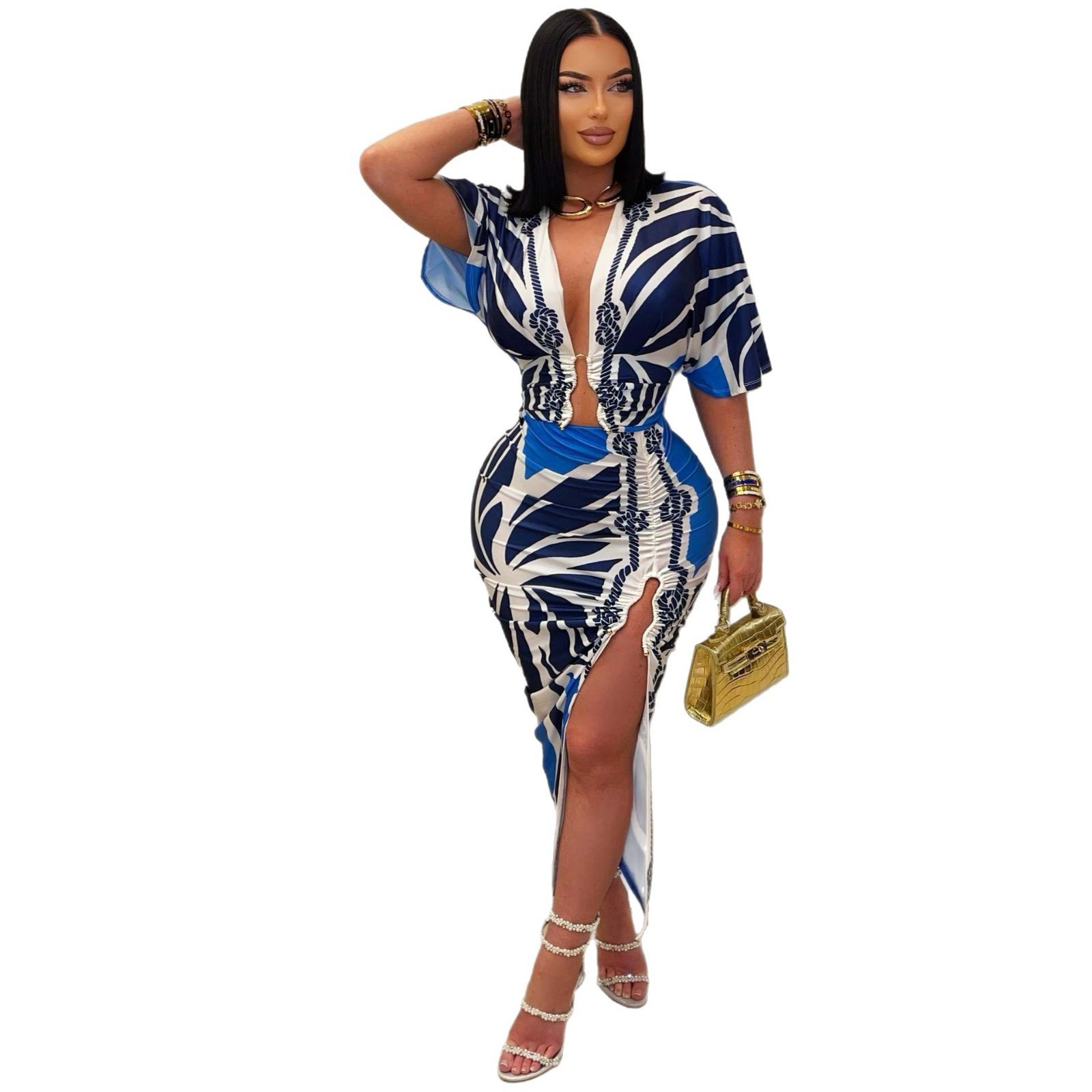 V Neck Short Fitted Club Dresses Women's Party Dress V-Neck Short-Sleeved  A-Line Chiffon Printed Natural Waist Summer Floor-Length Anti-Static  Geometric Pattern Designed For Amazon