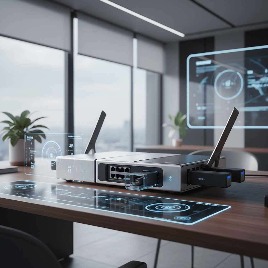 High-end modular modem router on a sleek desk in a futuristic smart home.