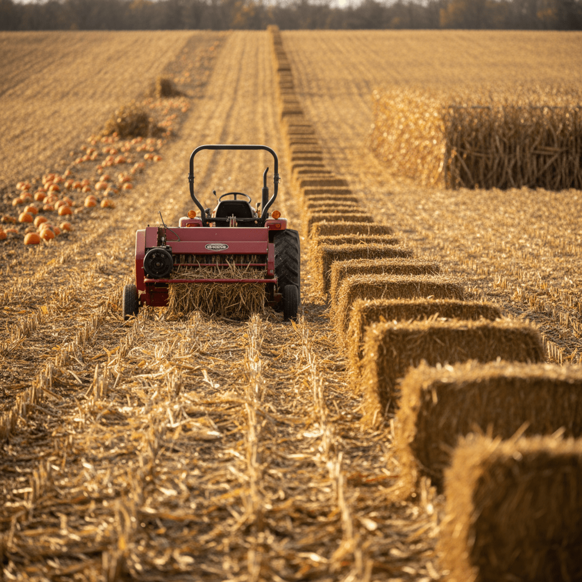 Mini round baler collects corn stalks and straw in a post-seasonal festival field.