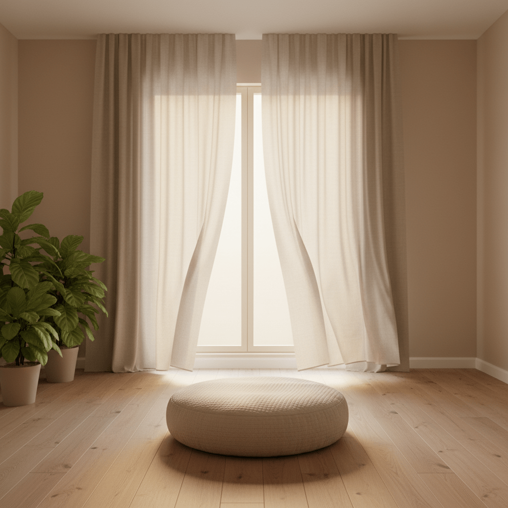 Tranquil meditation space with automatic linen curtains and soft beige walls.