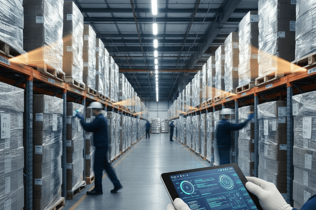 Busy distribution center managing compressed inventory cycles Stacked pallets and tablet in warehouse showing supply chain surge during mandatory store closure