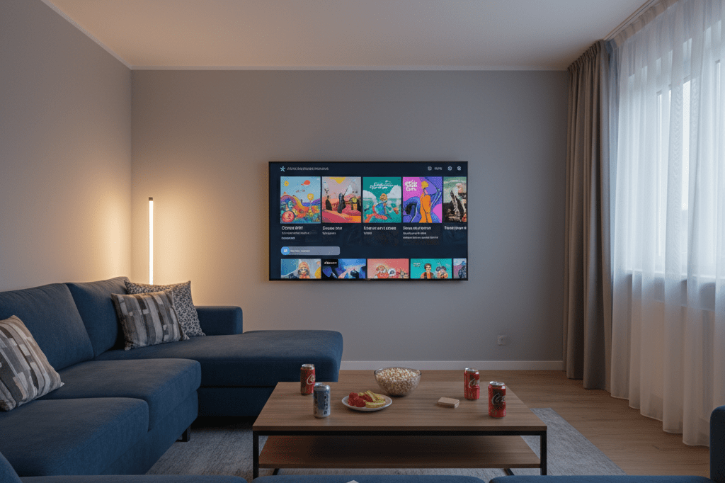 Living room with a TV showing streaming menu, snacks, and cozy ambiance under warm ambient light