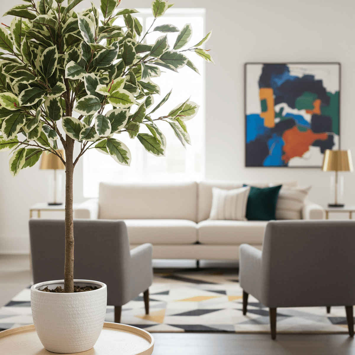 Variegated faux ficus tree with creamy white edges in a modern living room.