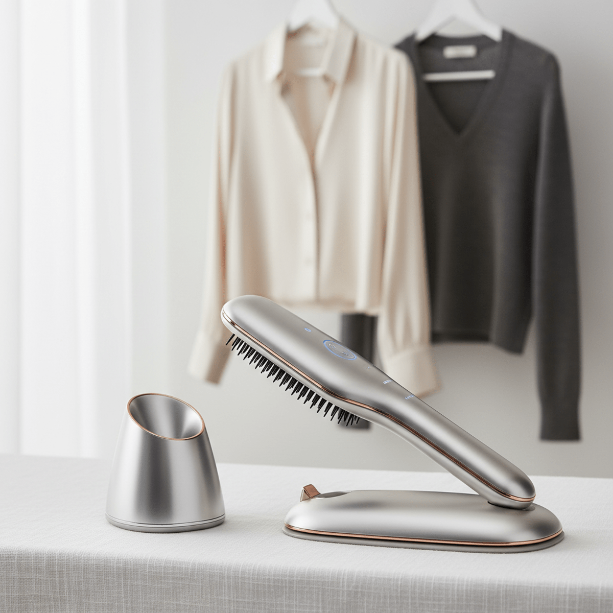 Sleek metallic ironing wand with glowing LEDs rests on fine silk fabric.