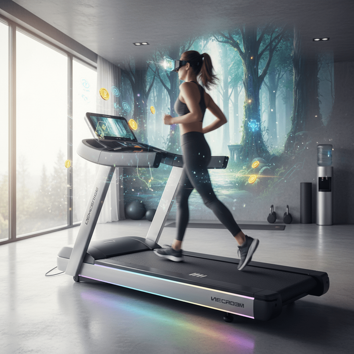 Runner in luxury gym, AR glasses show fantasy forest blended with reality.