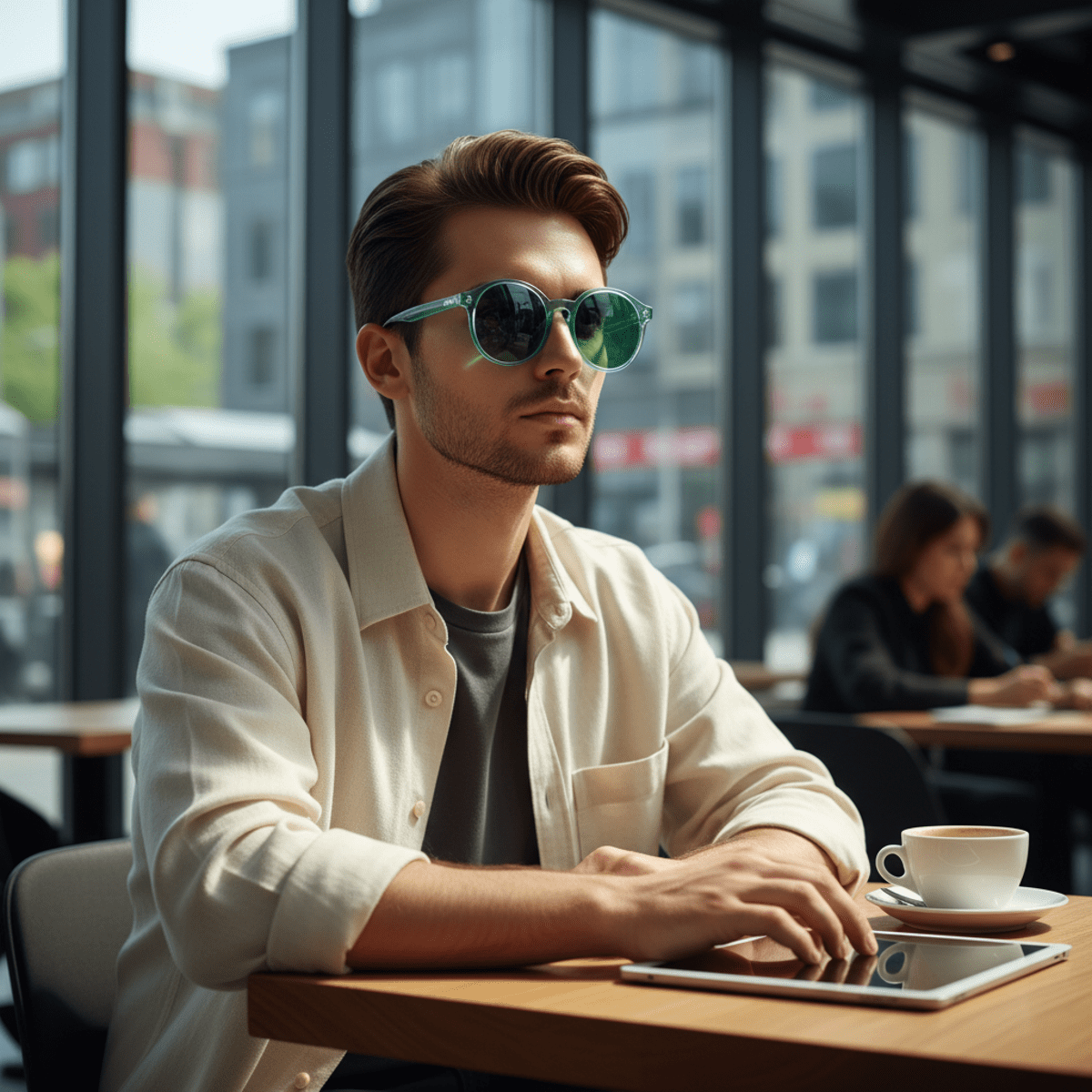 Young man in cafe wearing emerald green round sunglasses, natural light.
