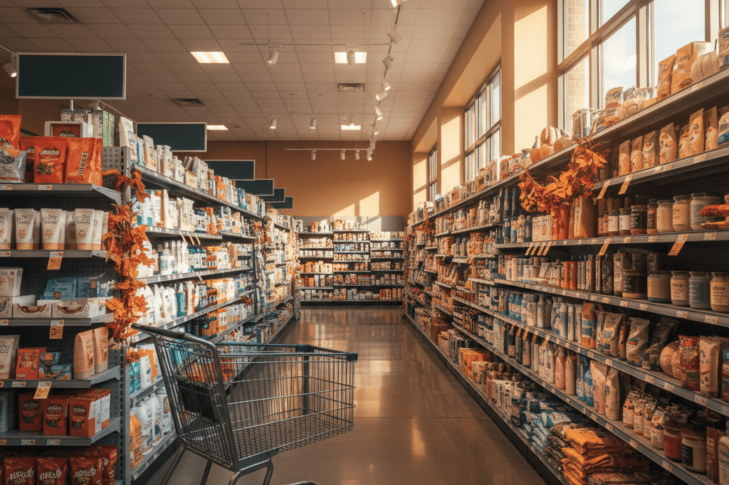 Empty shopping cart in bright retail aisle with autumn goods, highlighting senior market growth