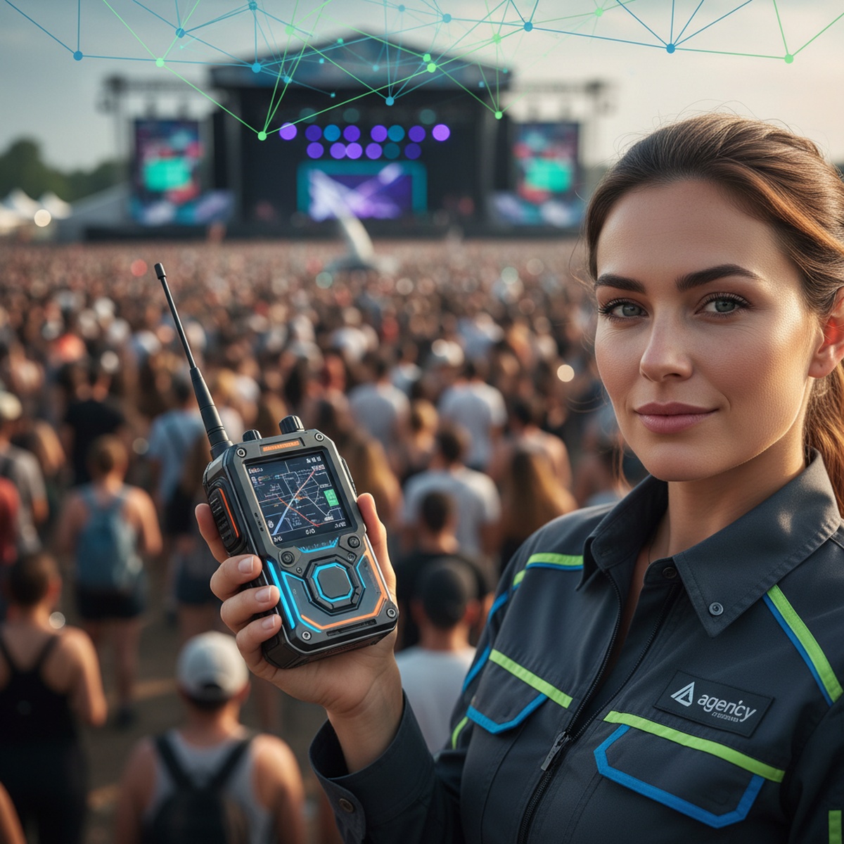 Event staff uses a futuristic radio with GPS at a large outdoor music festival.