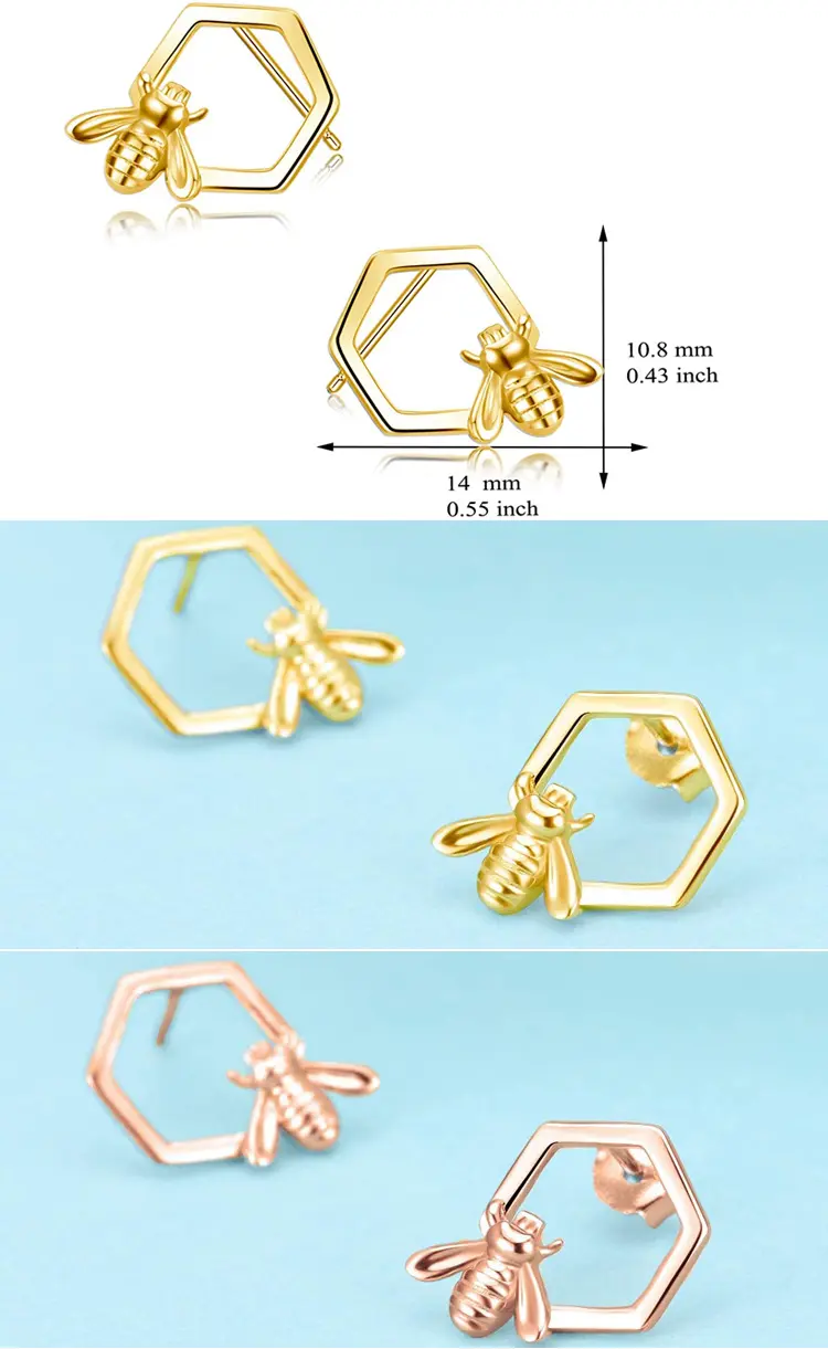 fashion women silver jewelry 925 earrings 18k gold plated simple cute hexagon hoop honey bee animal stud earrings