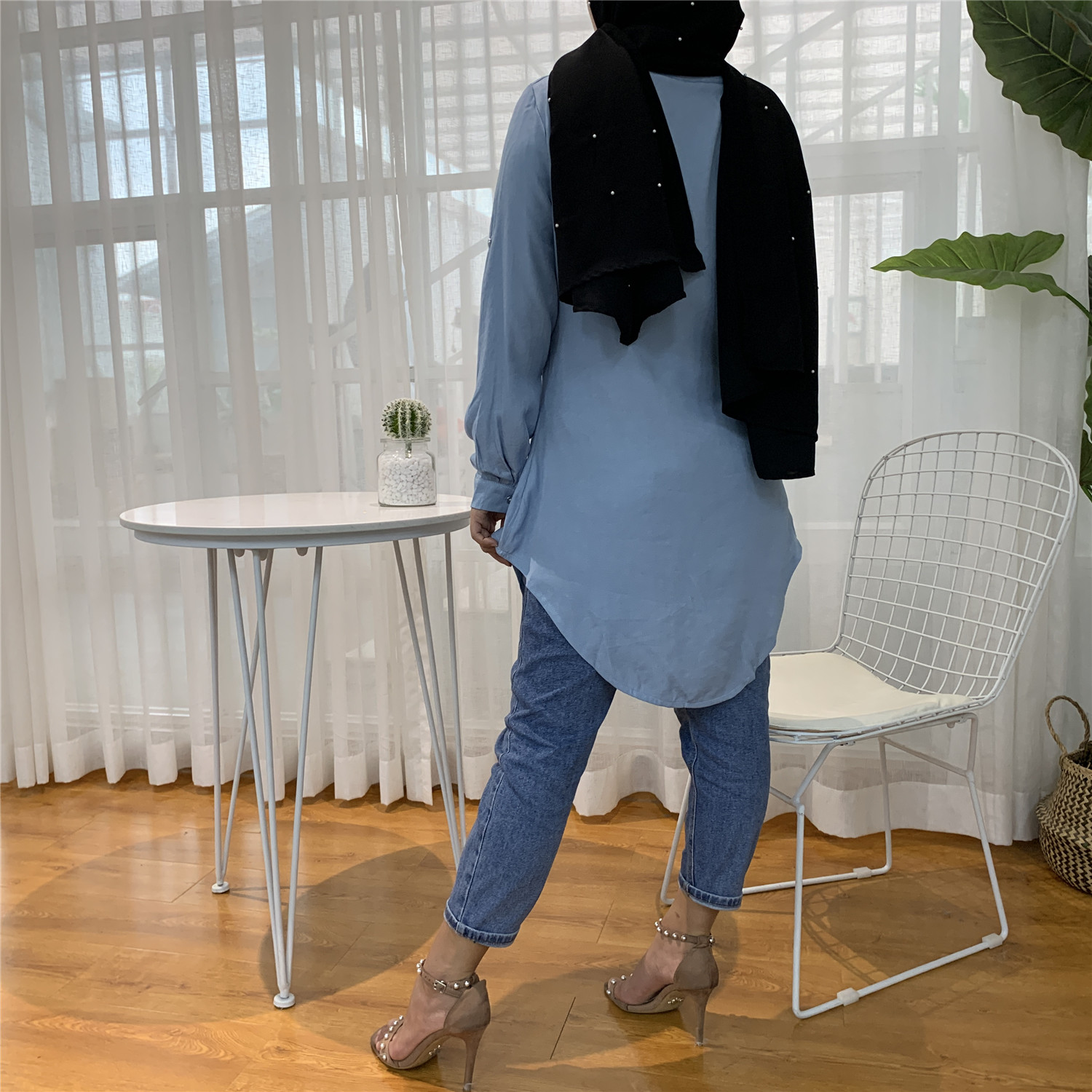 2055#Casual Muslim Shirt Blue Blouses With Flora - CHAOMENG MUSLIM SHOP