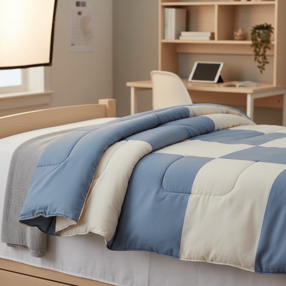 Cozy dorm room comforter in dusty blue and cream with smooth color transitions.