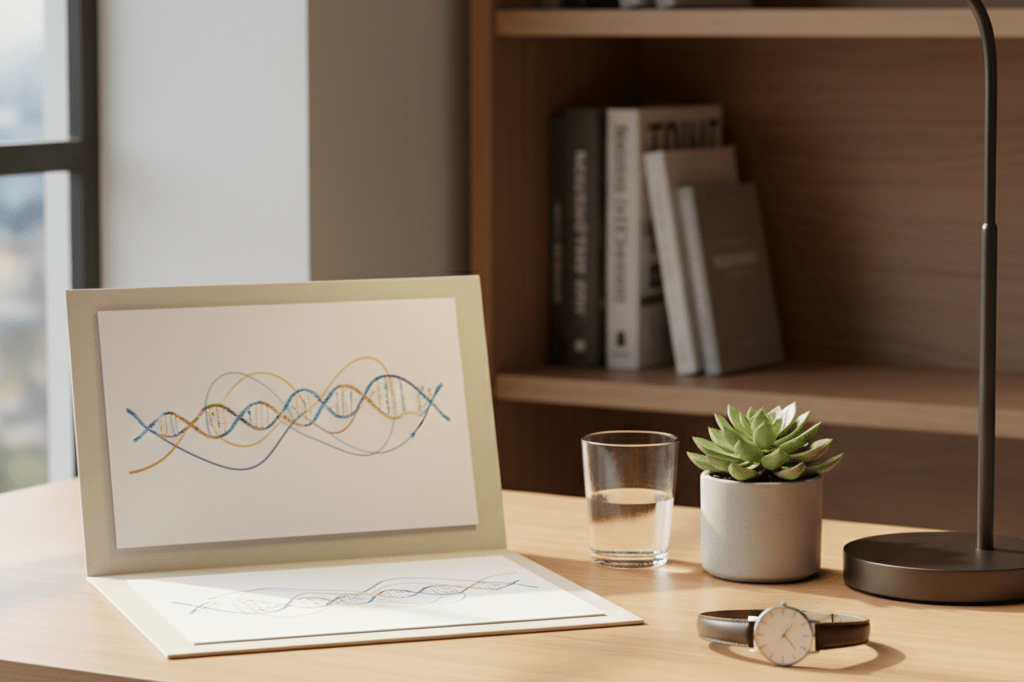 Medium shot of a calm, organized desk with medical report, water, succulent, and watch under natural and ambient light