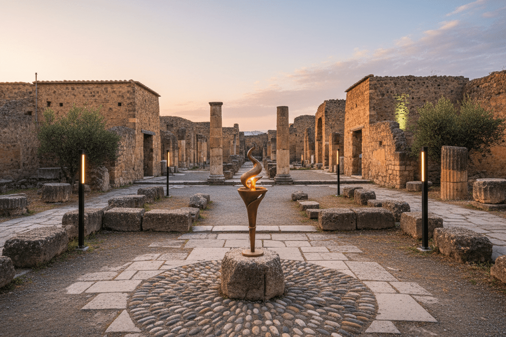 Symbolic Olympic torch placed among historic stone ruins, lit naturally to highlight cultural unity and timeless tradition