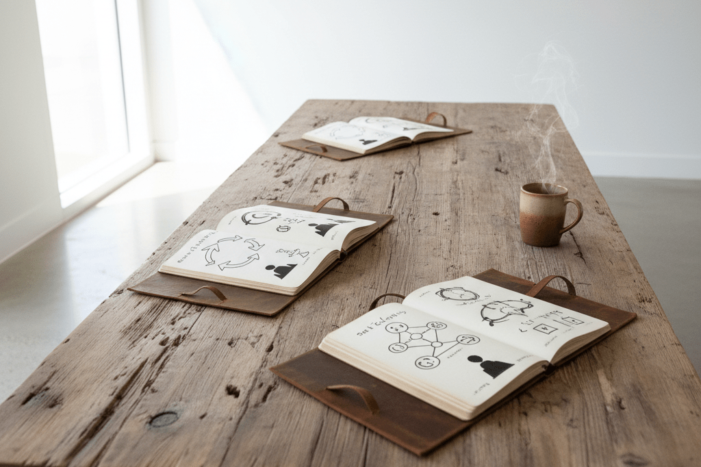 Medium shot of abstract leadership diagrams in notebooks on a sunlit wooden table, symbolizing iterative learning and trust-based strategy