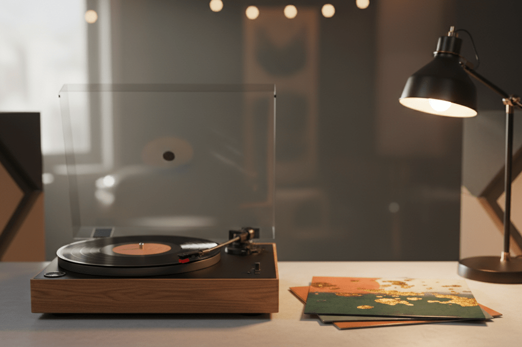 Medium shot of a black and wood vinyl player with abstract textured records beside it in a softly lit studio setting