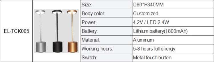 Modern Hotel Energy Saving Table lamp Aluminium USB Rechargeable LED Cordless Table Lamp For Restaurant