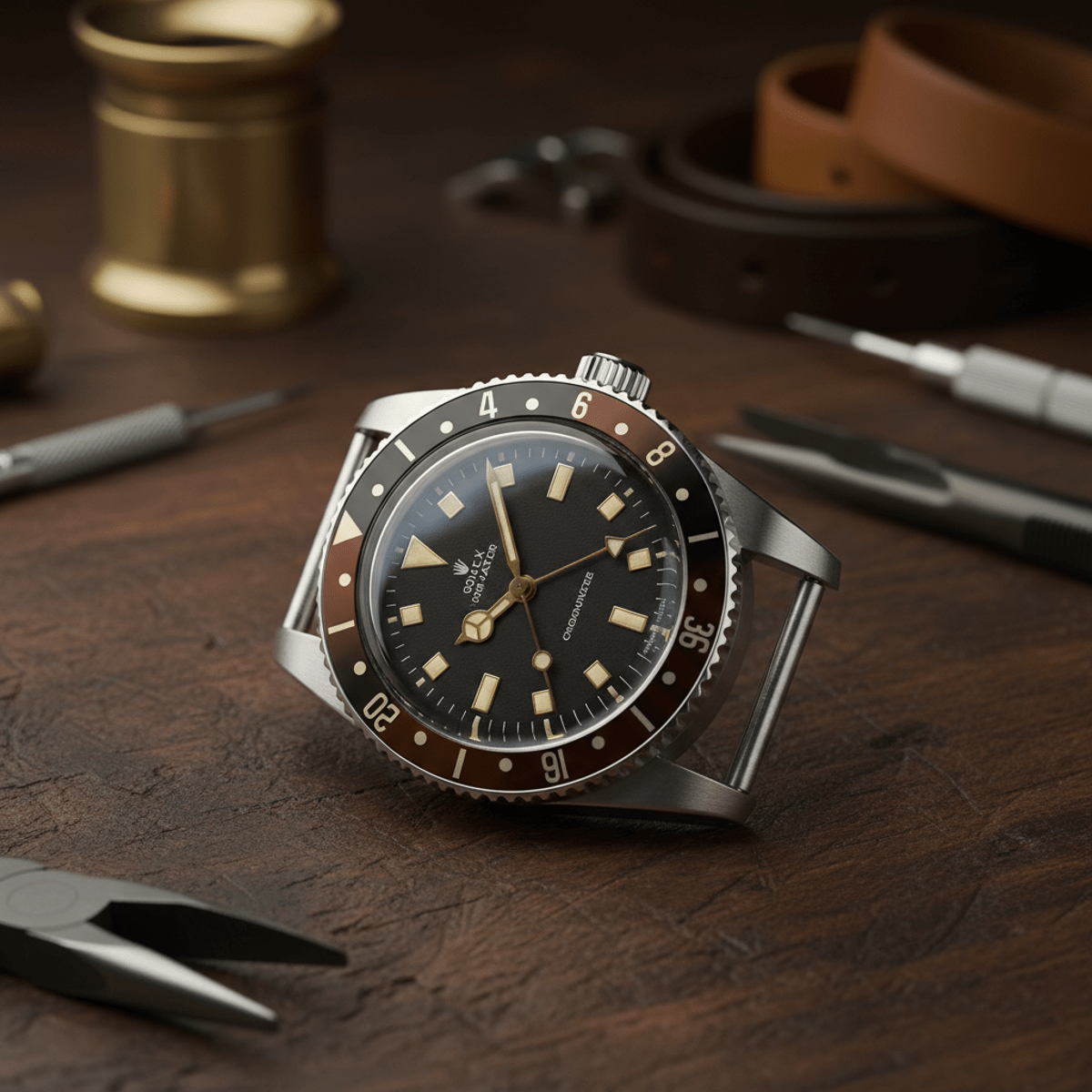 Neo-vintage watch on wooden workbench, aged luminous markers, domed sapphire crystal, vintage tools.