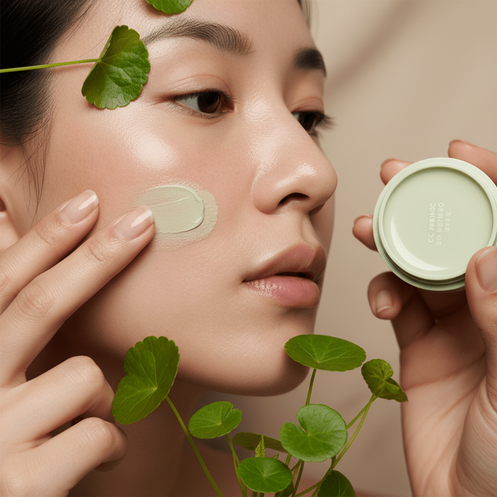 Makeup artist applies Korean CC cream balm to soothe redness and even skin tone.