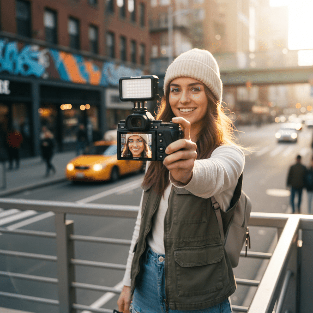 Content creator films outdoors with mirrorless camera, eye tracking active.
