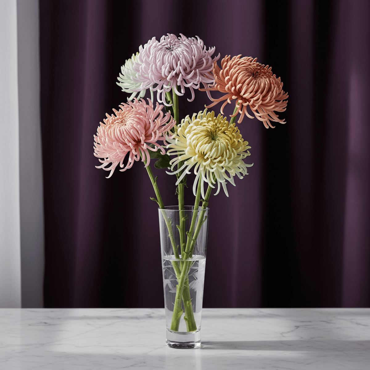 Pastel quill chrysanthemums in an elegant glass vase on marble surface.