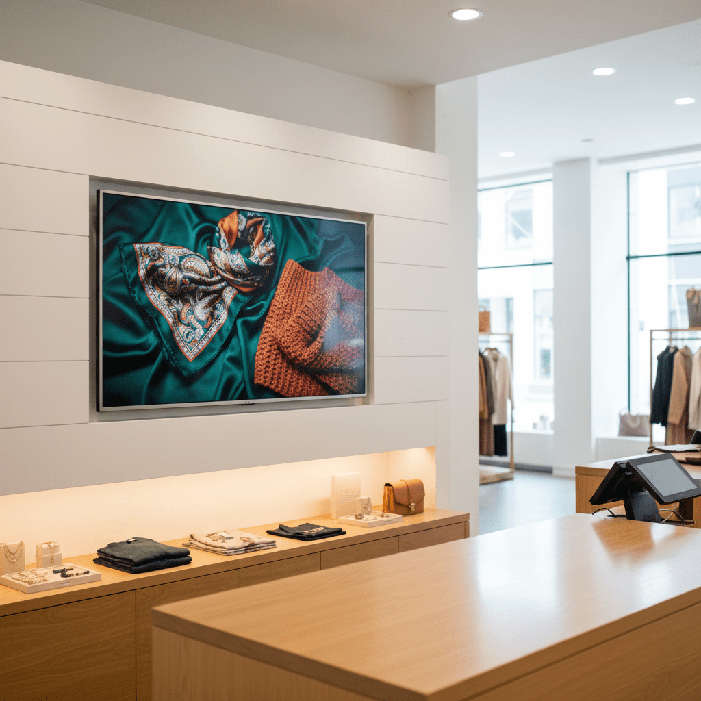 Sleek 4K TV displaying vibrant product videos behind a retail counter.