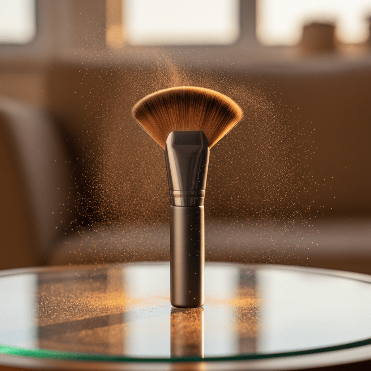Bronzer brush with metallic handle on reflective surface, catching golden hour light.