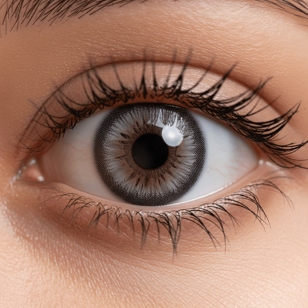 Macro shot of a pastel gray eye with smooth, oversized iris design and delicate gradient tones.
