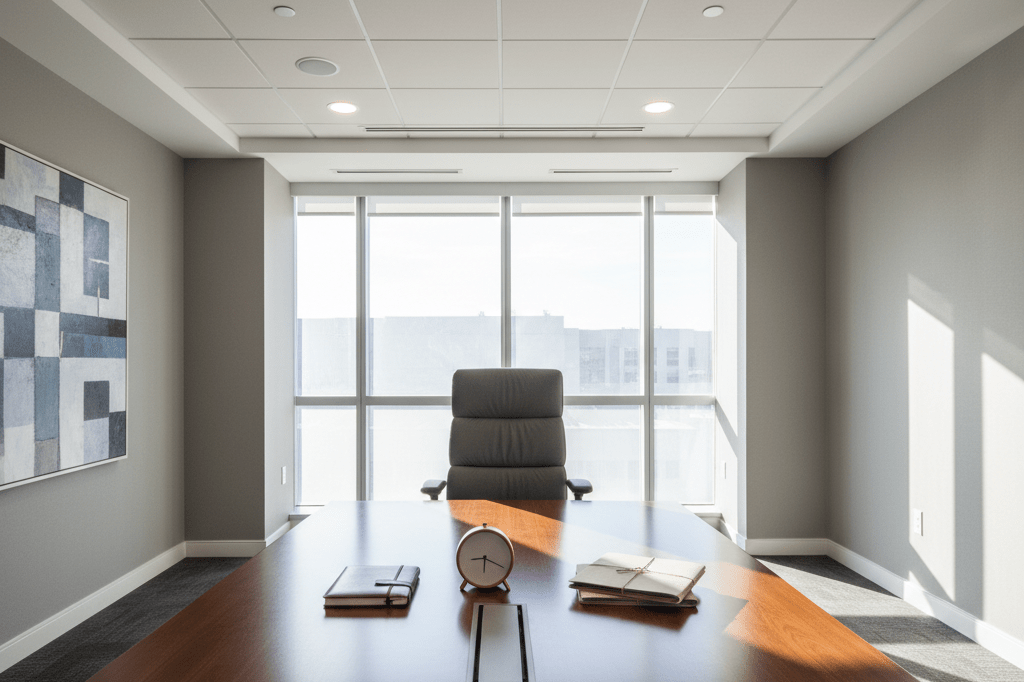 Wide shot of an executive chair at a conference table under natural light, symbolizing leadership transitions