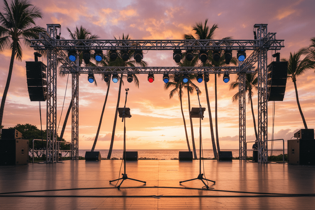 Empty Hawaiian outdoor stage with microphone stands and lighting under warm sunset tones, symbolizing high-stakes elimination rounds
