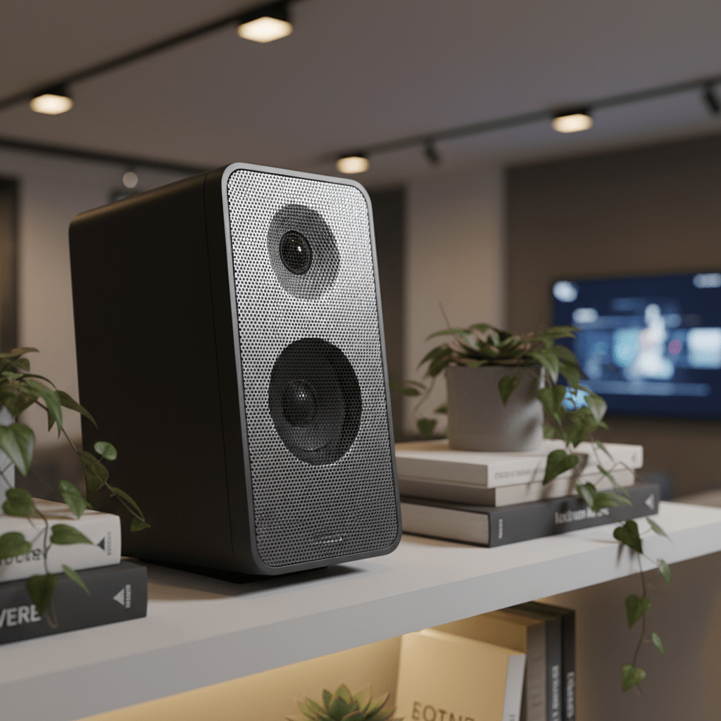 Sleek modern bookshelf speaker with hidden security camera on white shelving.